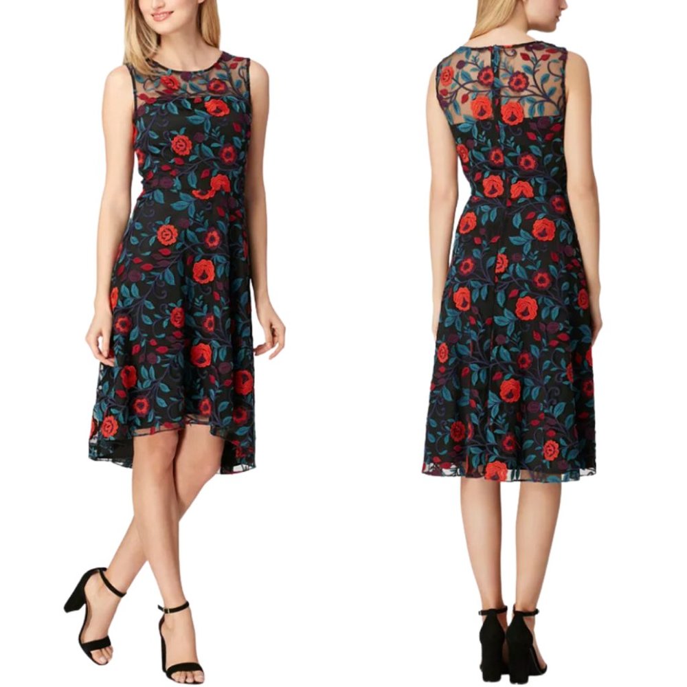 Leslie Fay Sequin Dress Floral Black Red Roses Sleeveless SZ 16 NWT
